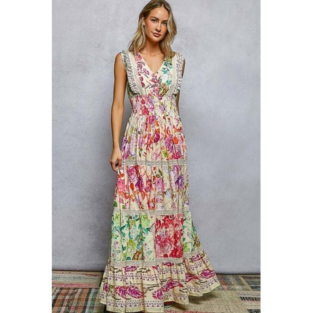 POL Floral Patchwork Maxi Dress Medium Boho Smocked Lace Trim Sleeveless NWOT